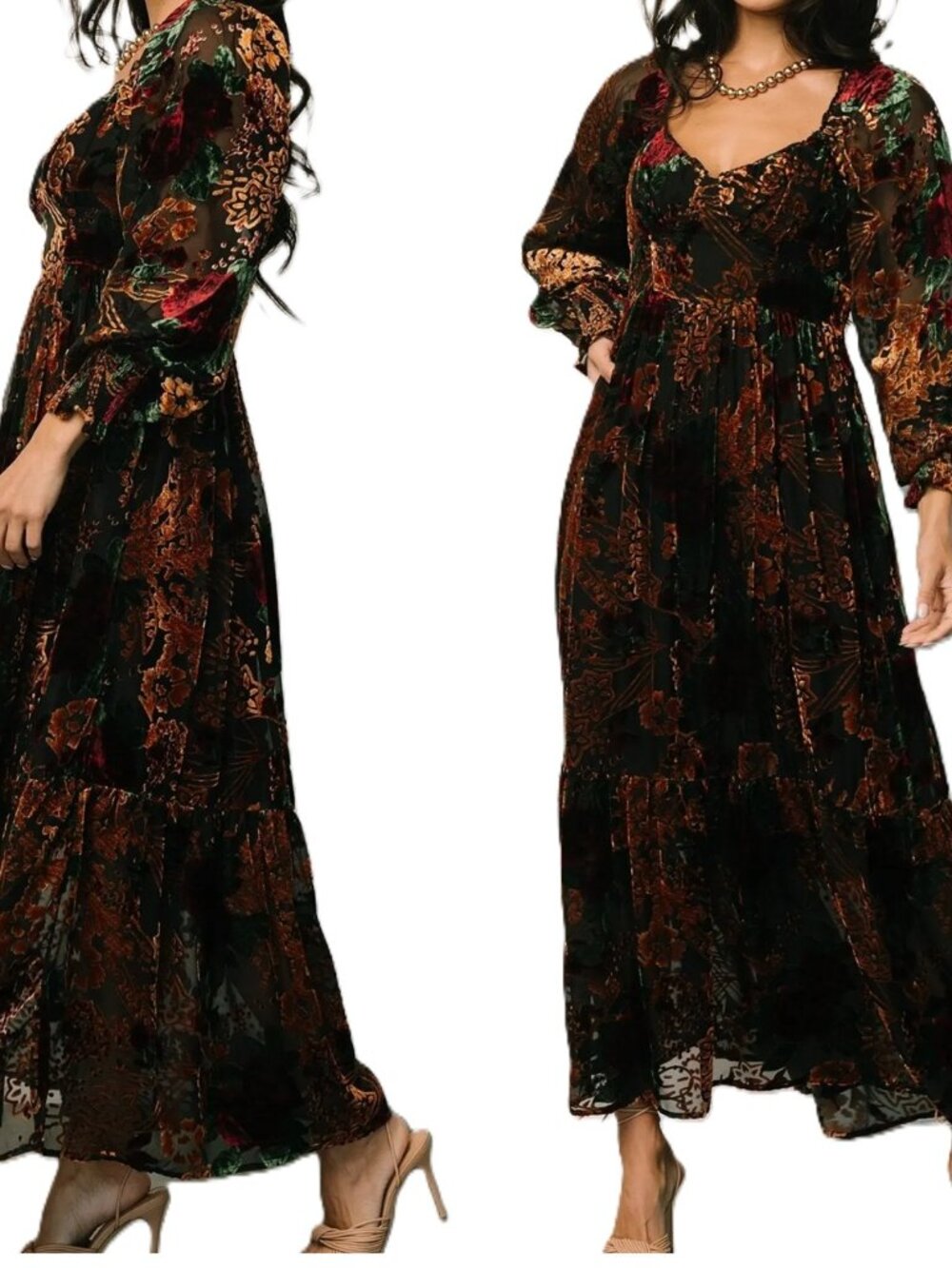 Baltic Born Velvet Burnout Dress L Maxi Puff Sleeve Smocked Black Copper Floral - Picture 2 of 12